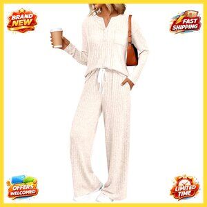 Women's 2-Piece Lounge Set Soft Fabric Long Sleeve Pants Pockets Drawstring